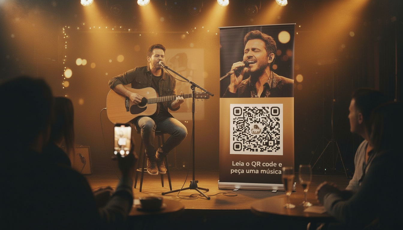 Músico tocando com banner QR Code - FazSeuShow